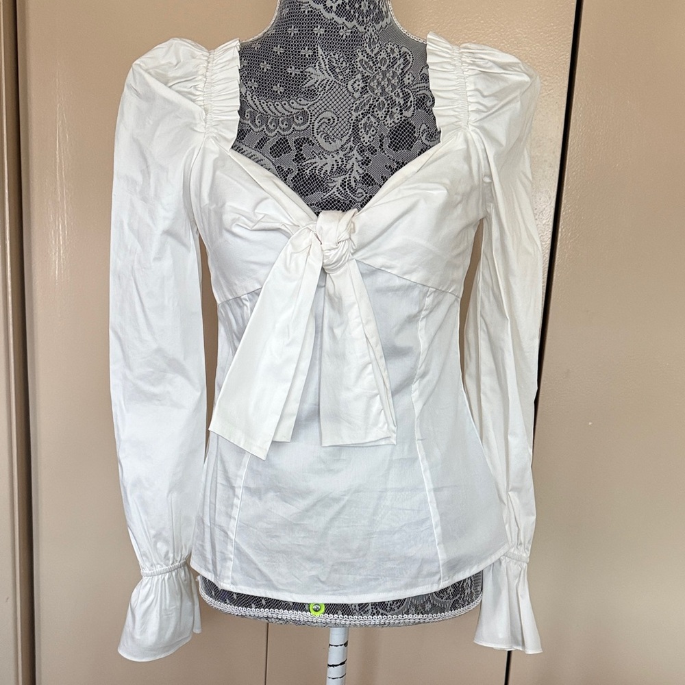 Lucy Paris White Tie-Front Puff Sleeve Blouse